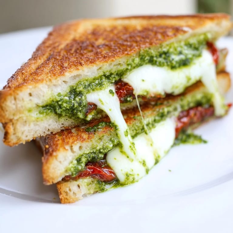 A close-up of a perfectly grilled Pesto Grilled Cheese, oozing cheese and ready to eat.