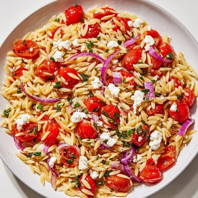 A close-up of a colorful Tomato Feta Orzo pasta salad, perfect for a light vegetarian meal.
