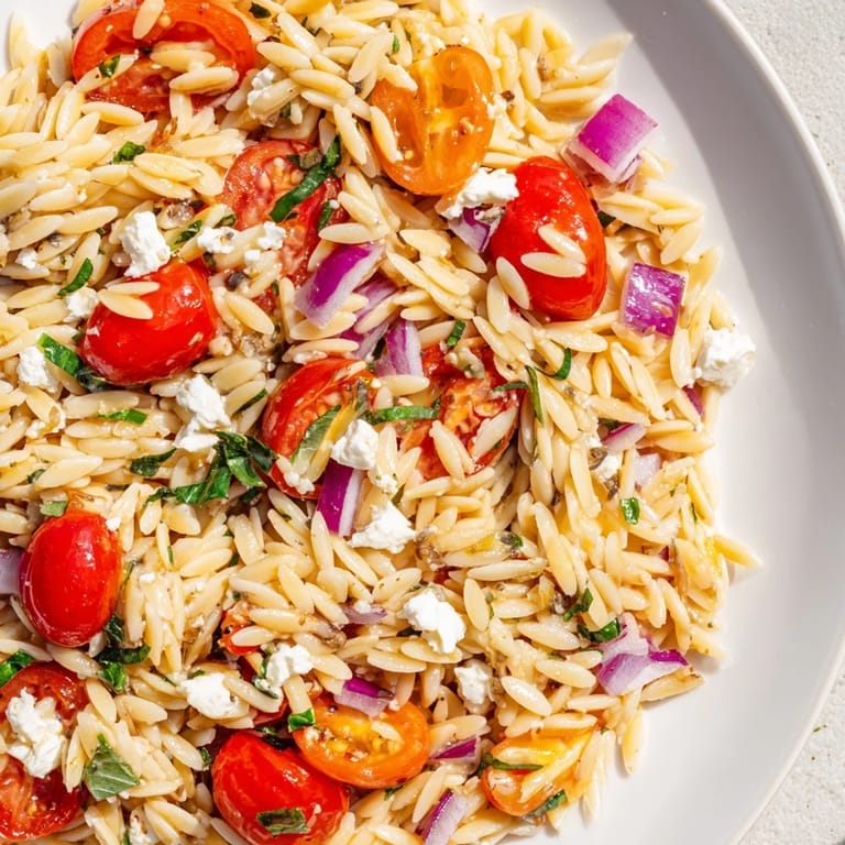 Golden orzo pasta tossed with juicy tomatoes and feta for a delicious Mediterranean Tomato Feta Orzo.