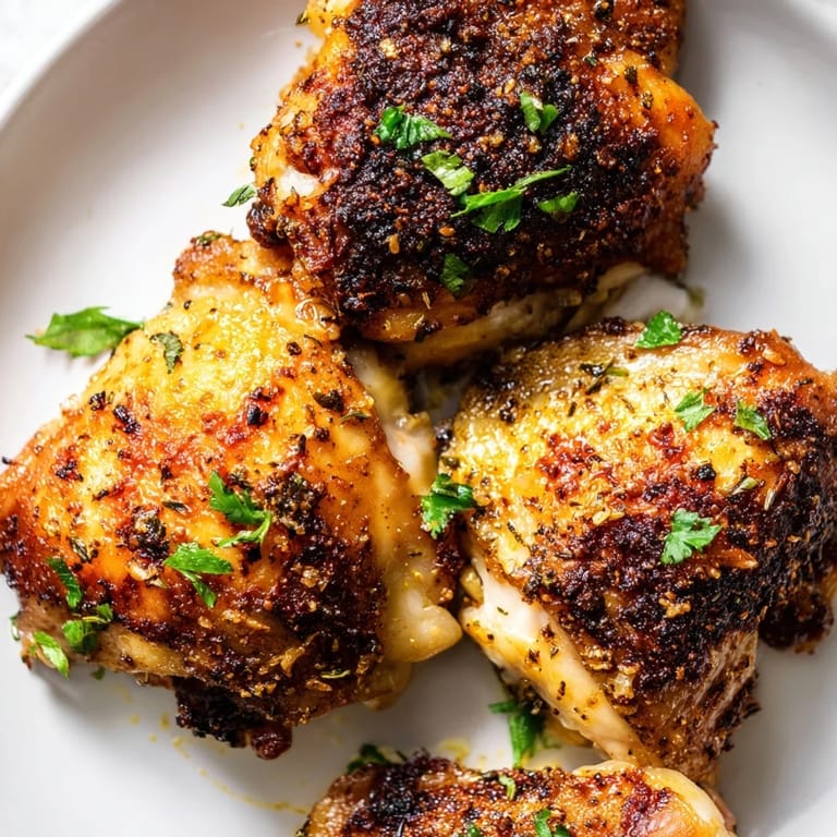Air-fried Crispy Garlic Chicken Thighs boast a perfect crunch and juicy, tender meat, ready to enjoy.