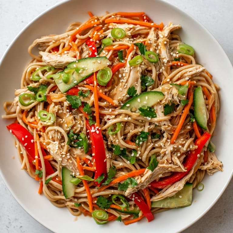 Earthy tones highlight the chilled Chicken Noodle Salad, a refreshing Asian-inspired summer meal with noodles.