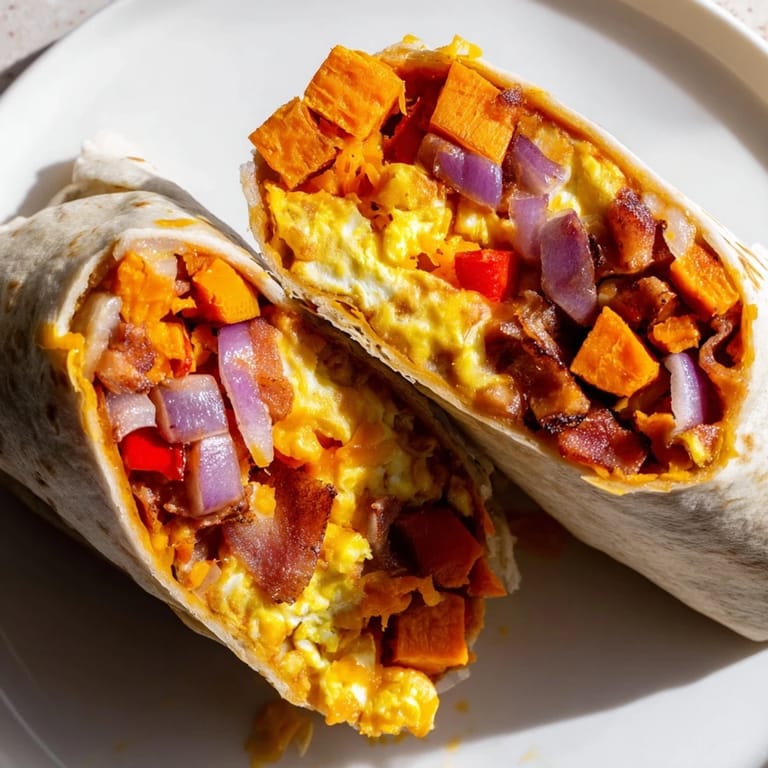 Warm flour tortillas wrapped around delicious sweet potato breakfast burritos, perfect for brunch or a quick meal.