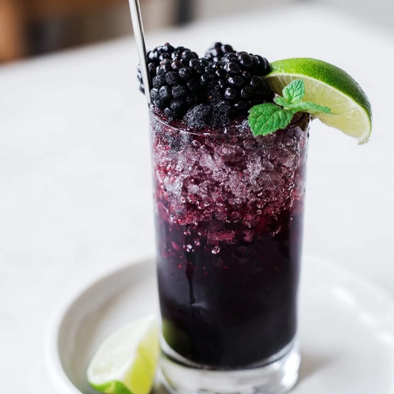 A captivating Dark Matter Mocktail: jet-black drink with a vibrant blackberry syrup layer, perfect for a special occasion.