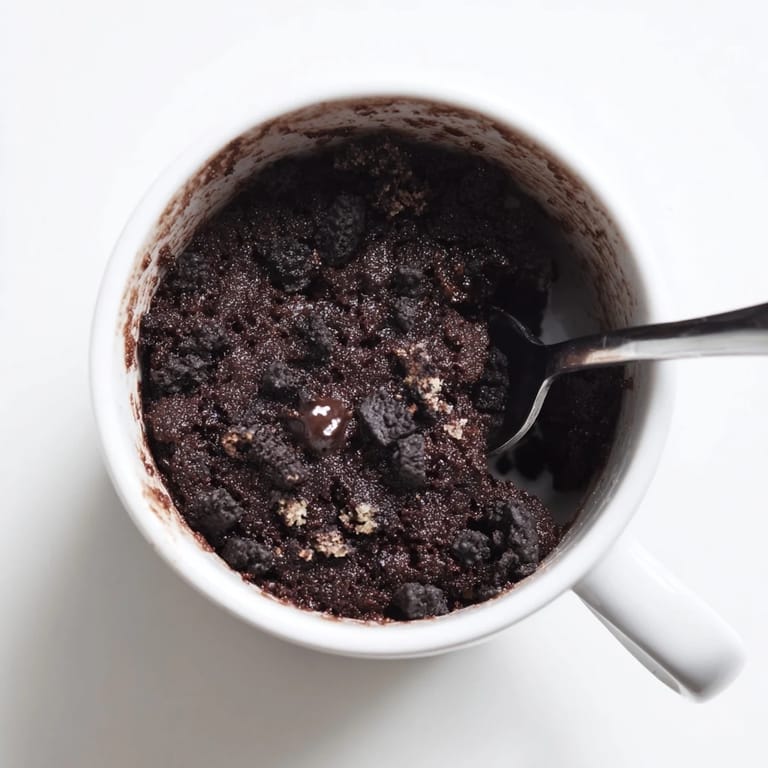 A close-up shot of a fluffy, chocolatey Oreo mug cake, ready to savor right from the mug.