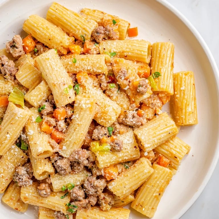 Creamy Kimchi Ragu Pasta, featuring hearty pork and kimchi, served piping hot with Parmesan cheese.