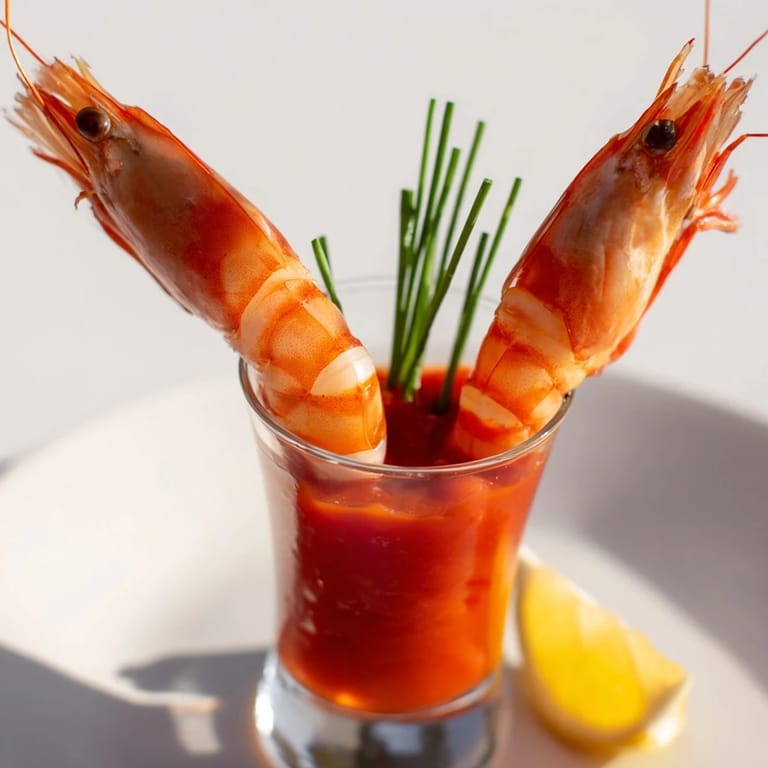 Succulent prawns nestled in zesty cocktail sauce, presented in Retro prawn cocktail shooters, ready to eat.