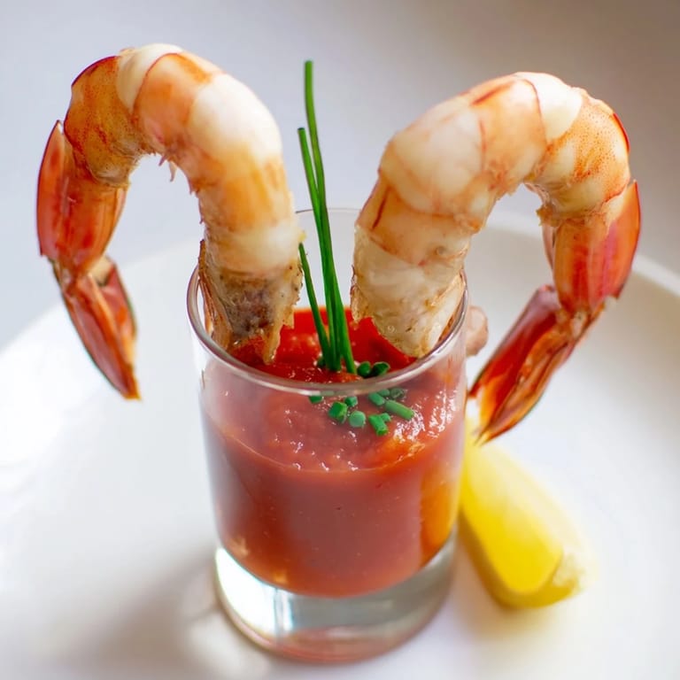 Close-up of chilled Retro prawn cocktail shooters, prawns and spicy sauce in ready-to-serve shot glasses.