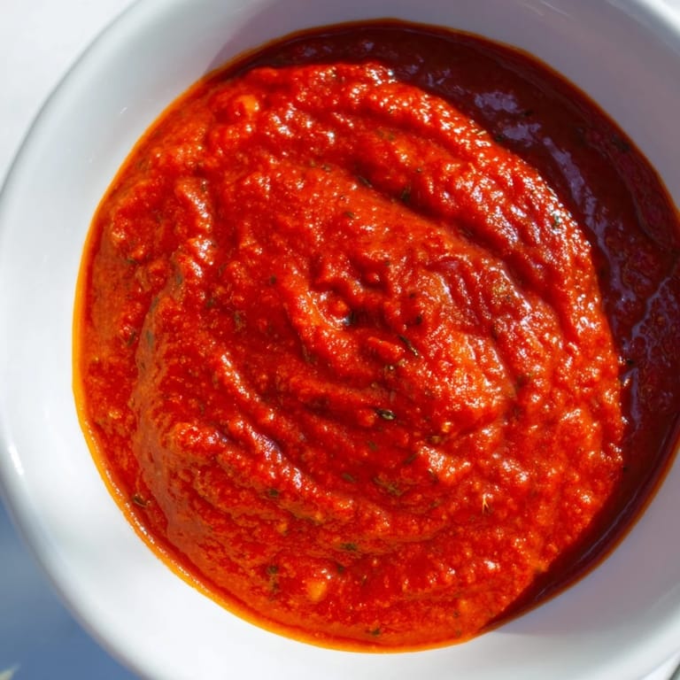 Close-up shot of creamy, blended hidden veggie tomato pasta sauce in a skillet, showing its smooth texture and vibrant red-orange color.
