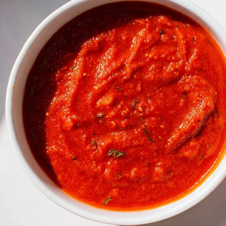 Serving suggestion of hidden veggie tomato pasta sauce topped with Parmesan cheese and fresh basil, ready to enjoy with your favorite pasta.