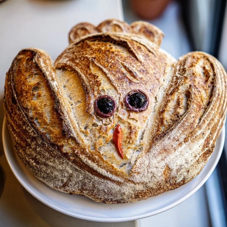 Cute turkey-shaped sourdough bread centerpiece decorated with olive eyes and a red wattle, ready for Thanksgiving dinner.