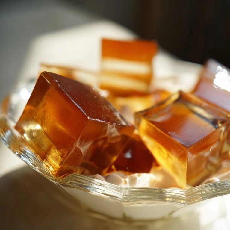 Homemade coffee jelly cubes are spooned into a serving glass, ready to be topped with vanilla-sweetened heavy cream.