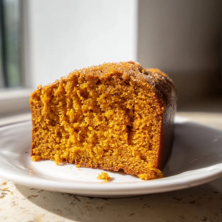 Classic pumpkin bread loaf, sliced to reveal golden interior with optional chocolate chips and toasted pecans.  