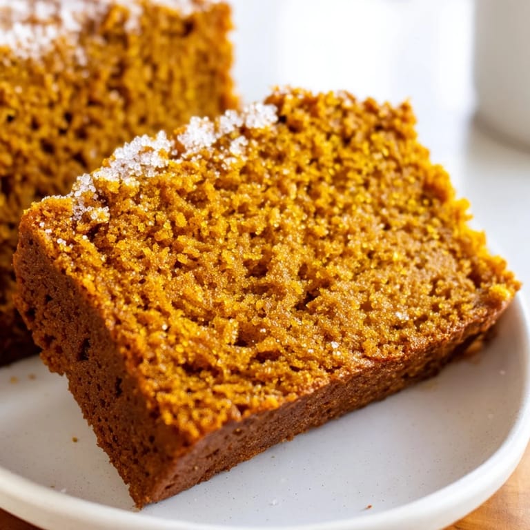 Moist pumpkin bread loaf with a crumbly top, served on a rustic wooden board for breakfast.