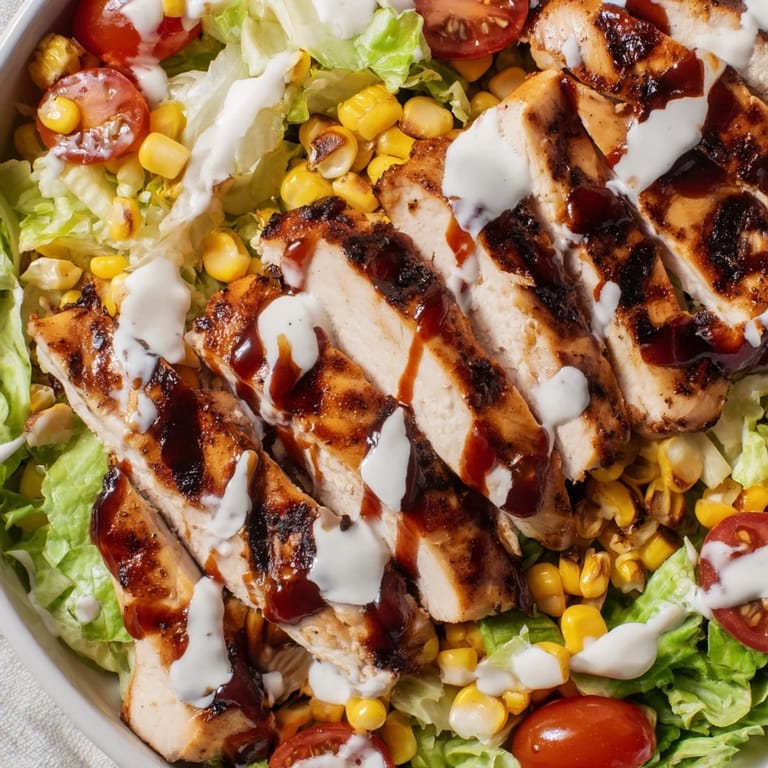 A close-up of BBQ Chicken Salad shows juicy chicken, vibrant cherry tomatoes, and sliced avocado, ready to serve as a colorful, satisfying main dish.