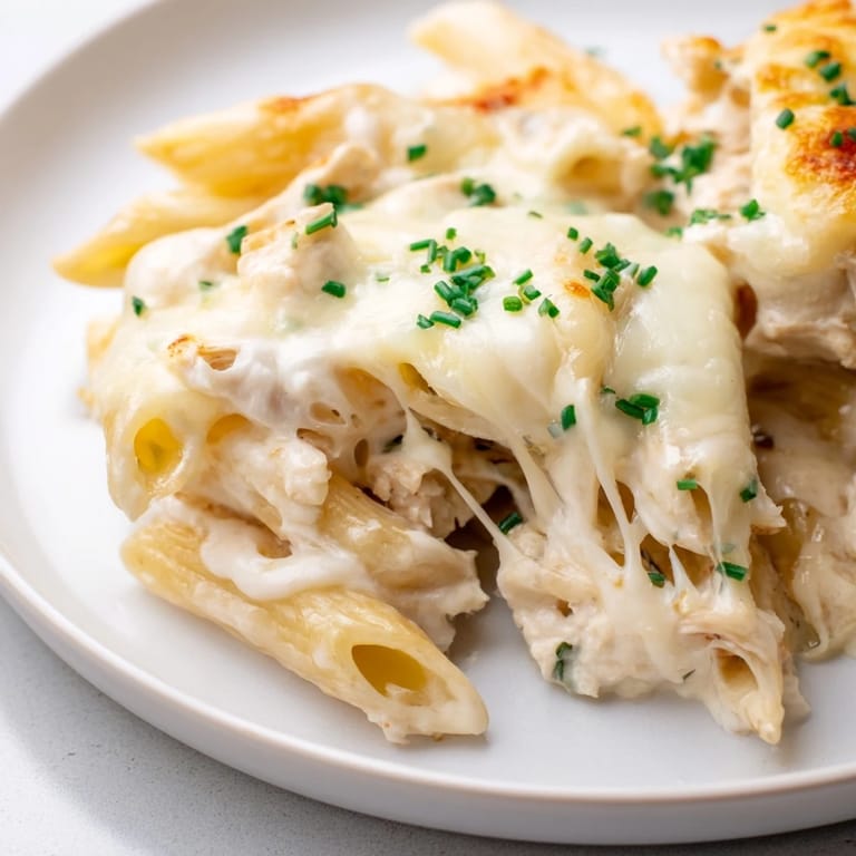 Serve this comforting Chicken Ranch Pasta Bake family-style, garnished with fresh chives, beside a crisp green salad for dinner.