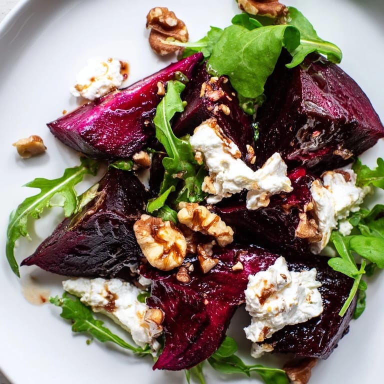 In a white bowl, the Roasted Beet Goat Cheese Salad glistens with a drizzle of balsamic vinaigrette.  