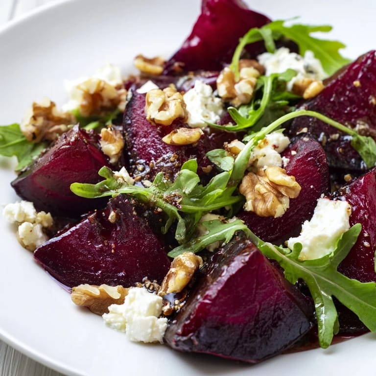 A serving of Roasted Beet Goat Cheese Salad paired with crisp white wine and crusty bread.