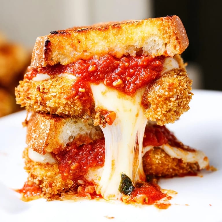 A close-up of Chicken Parm Grilled Cheese, with toasted sourdough and bright marinara sauce dipping out of the sandwich.