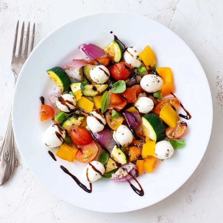 Colorful roasted vegetables and mozzarella pearls make up this Roasted Veggie Caprese Salad, drizzled with sweet-tangy balsamic glaze.
