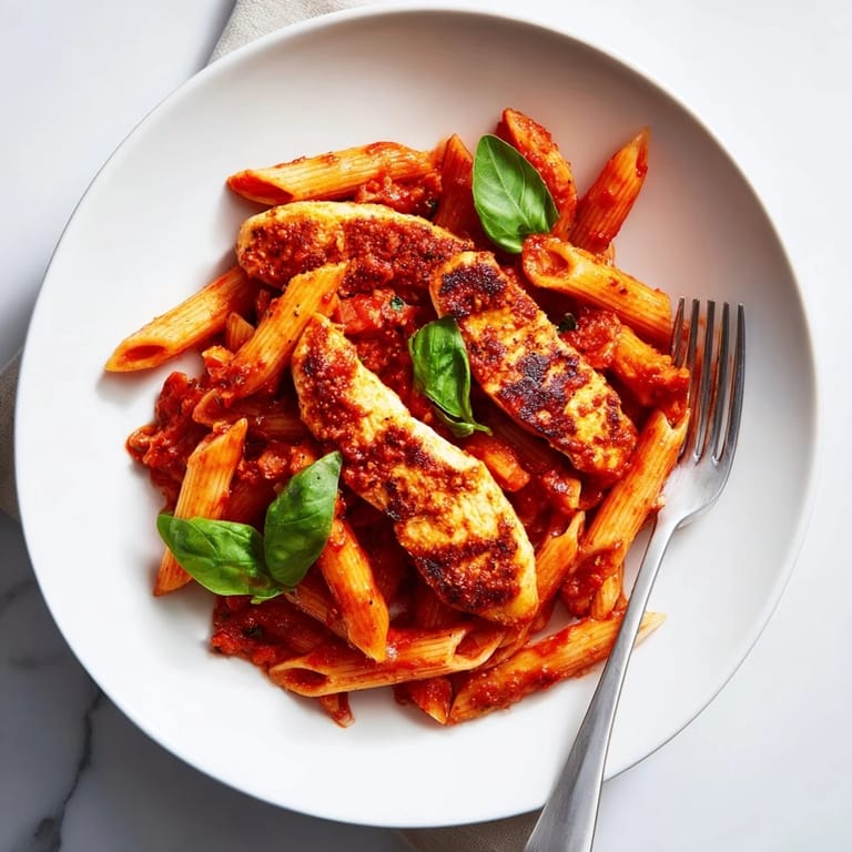 Spicy Tomato Chicken Pasta served in a rustic bowl, garnished with Parmesan cheese and chopped basil, alongside a glass of Pinot Grigio on a wooden table.