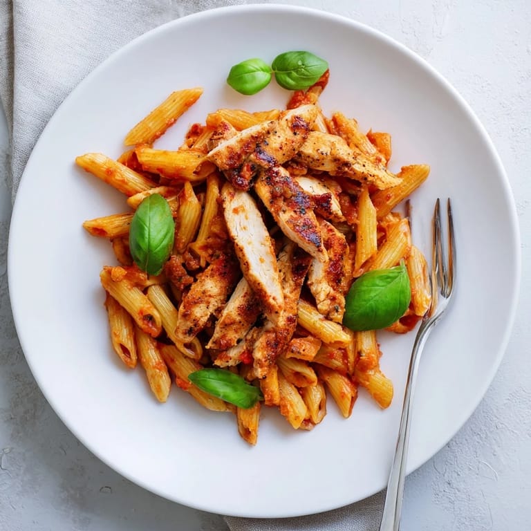 Steam rises from a skillet of Spicy Tomato Chicken Pasta, showcasing juicy chicken strips and al dente penne tossed in a zesty, chunky tomato sauce.