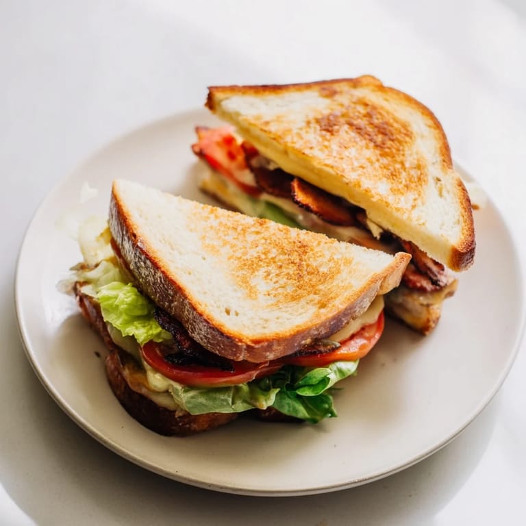 A close-up of a Vegan Bacon BLT Grilled Cheese, highlighting crispy tempeh bacon and juicy tomato between buttery bread.