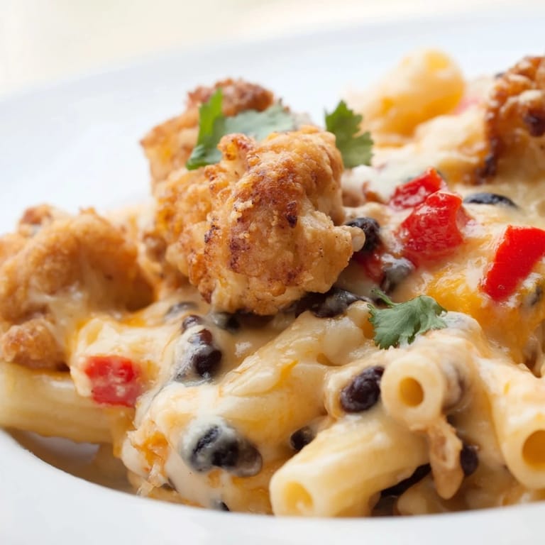 A close-up of Crispy Chicken Burrito Pasta reveals melted cheddar and Monterey Jack cheese topping the hearty, saucy dish ready to serve.