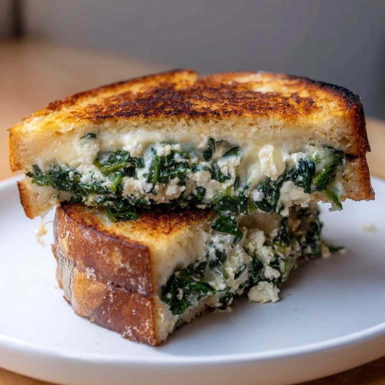 A close-up shows the golden, buttery crust of a Feta & Spinach Stuffed Grilled Cheese, with melted mozzarella peeking from the edges.  