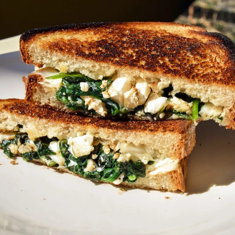 For a comforting meal, serve this Feta & Spinach Stuffed Grilled Cheese alongside a bowl of creamy tomato soup and a crisp green salad.