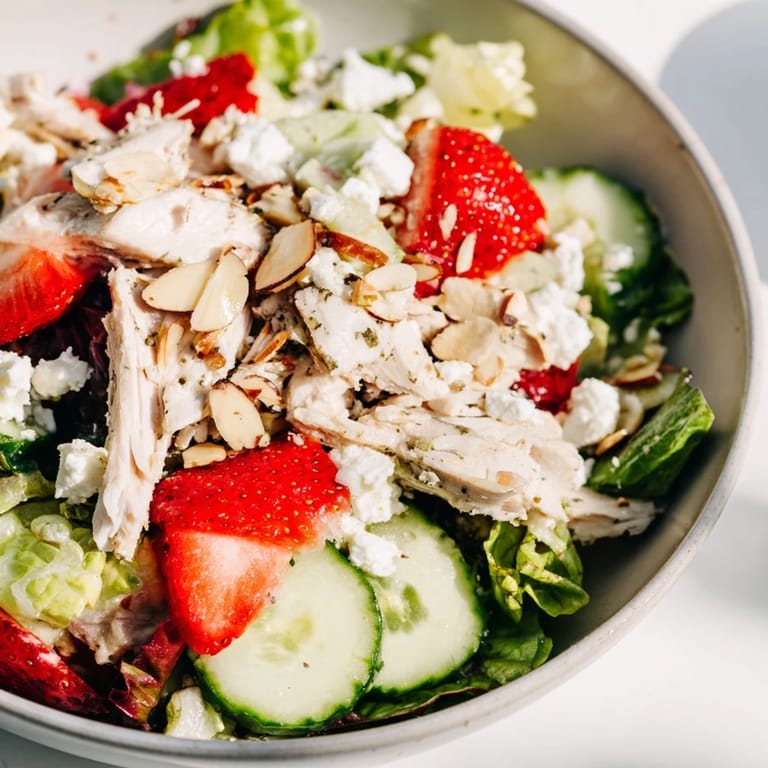A close-up of Strawberry Poppy Seed Chicken Salad topped with crumbled feta and toasted almonds.  