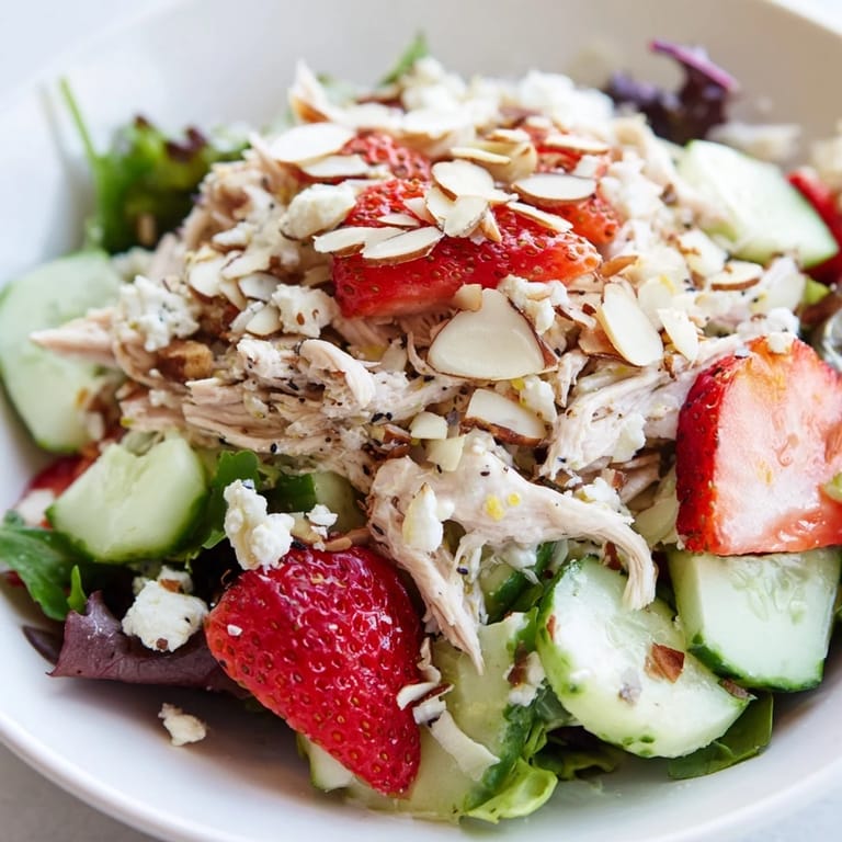 Fresh Strawberry Poppy Seed Chicken Salad featuring juicy strawberries, greens, and a light poppy seed dressing.