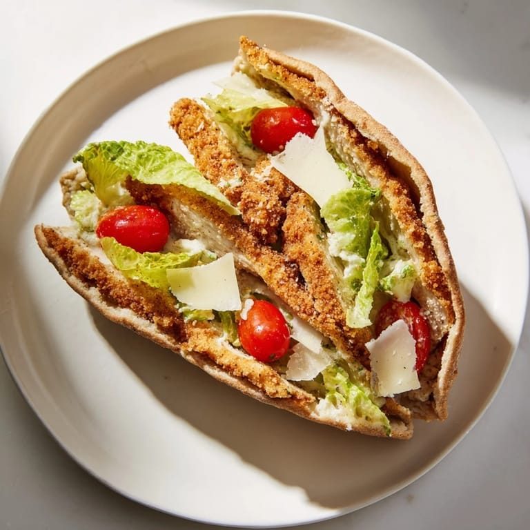 Stuffed pita pockets filled with crunchy romaine, Parmesan, and juicy air-fried chicken Caesar.  