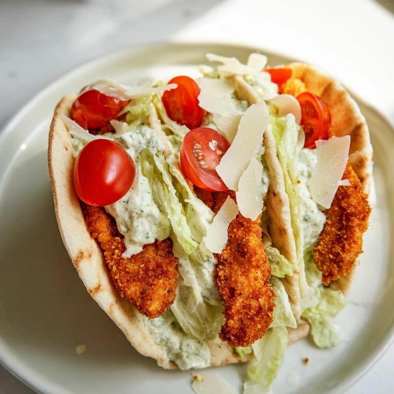 Handheld meal of crispy chicken Caesar salad with shaved Parmesan in a toasted pita.