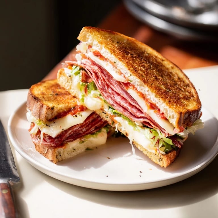 The iconic Italian Sub Grilled Cheese, featuring golden crust, gooey provolone, and a savory lettuce topping ready to enjoy.