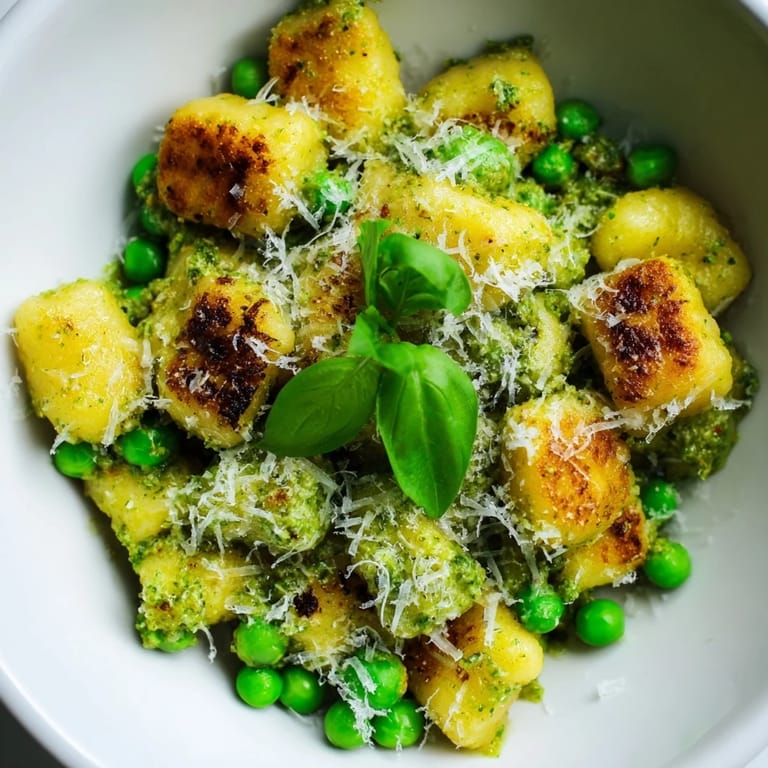 A steaming skillet of Pesto Pea Gnocchi Skillet served with lemon zest and fresh basil garnish.