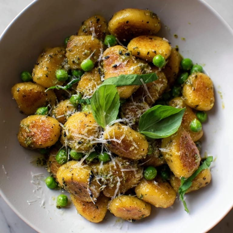 Close-up of golden gnocchi and peas coated in vibrant pesto, ideal for a quick vegetarian weeknight dinner.