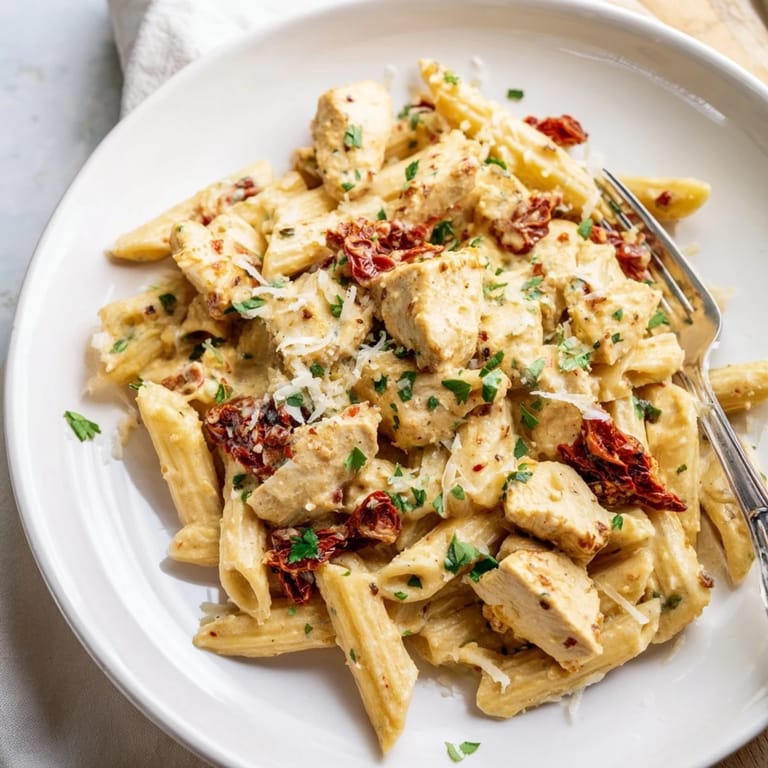 A close-up of Creamy Sun-Dried Tomato Chicken Pasta showing al dente penne coated in luscious sauce and topped with fresh basil and Parmesan.