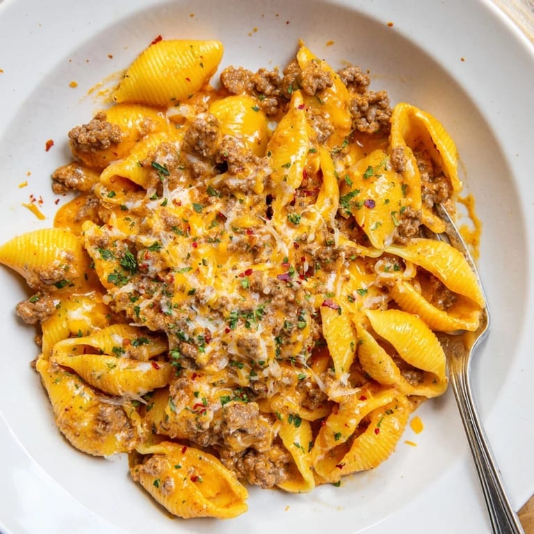 One pot creamy beef and shells cooked to perfection, garnished with fresh parsley and ready for a comforting weeknight family dinner.  