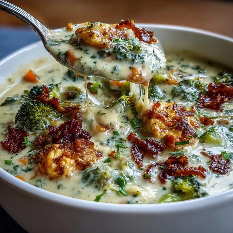 Steam rises from a creamy pot of Chicken Broccoli Cheddar Soup featuring tender chicken pieces and vibrant broccoli florets.