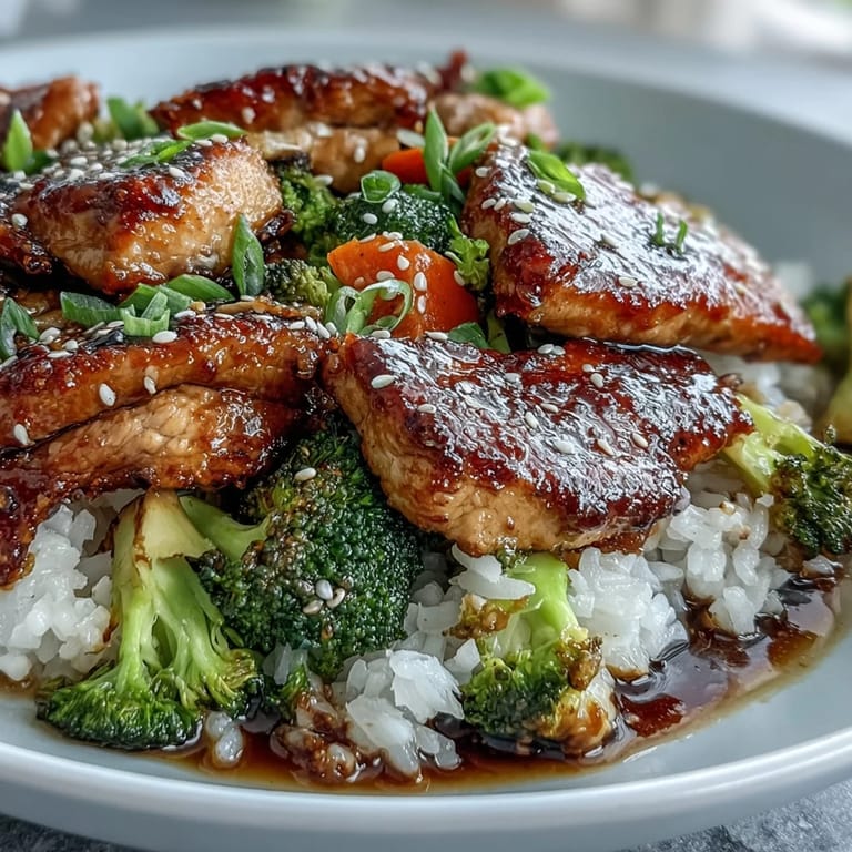 Delicious honey garlic chicken and rice bake, steaming with vibrant vegetables.