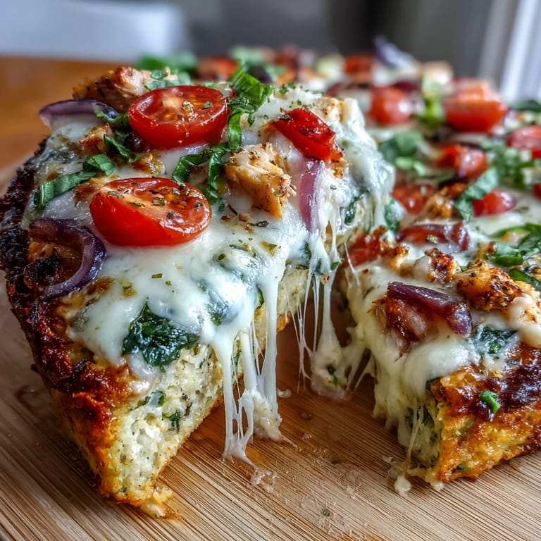 Enjoy this healthy Broccoli Chicken Crust Pizza, oozing with bubbly cheese.