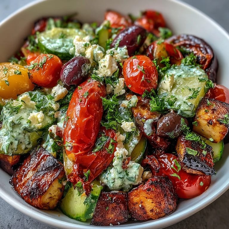 Colorful Roasted Greek Salad featuring tender veggies and zesty lemon-oregano dressing.