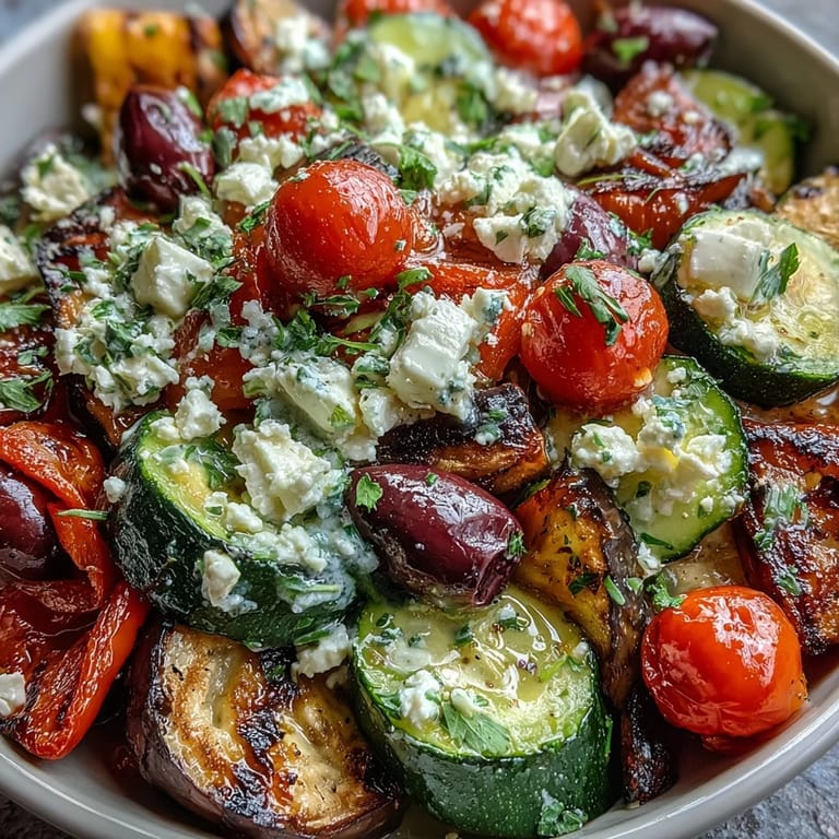 Hearty Roasted Greek Salad, served warm with olives and fresh parsley.