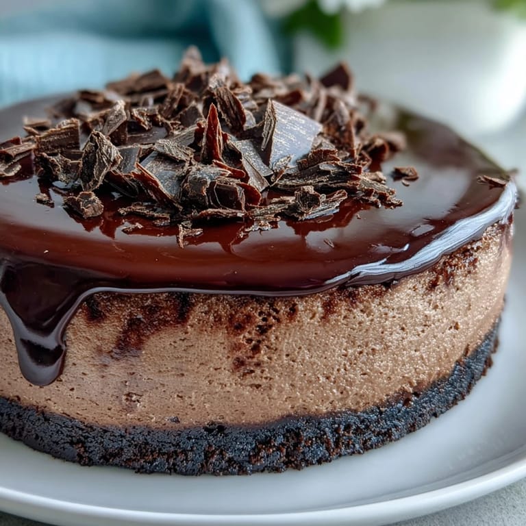 A tall wedge of Lighter Chocolate Cottage Cheese Cheesecake beside fresh raspberries and a dollop of Greek yogurt.