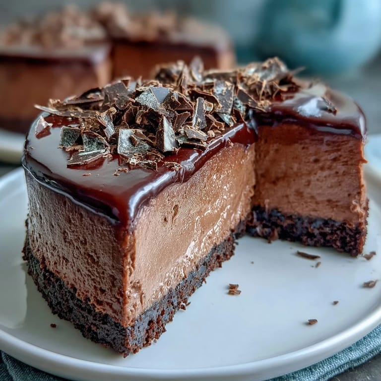 A freshly baked Lighter Chocolate Cottage Cheese Cheesecake cooling on a wire rack with a glossy top.