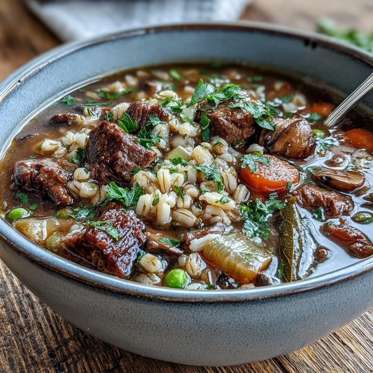 Spoon lifting a savory serving of Beef and Barley Soup, revealing diced potatoes and pearl barley, with a piece of crusty bread on the side.