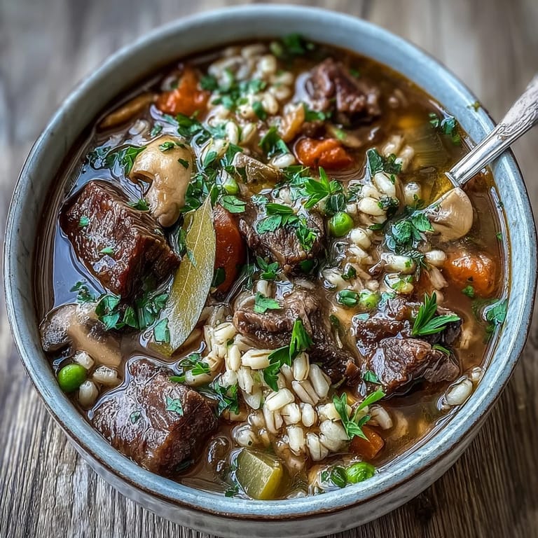 Warm ladle scooping up chunky Beef and Barley Soup with vegetables and tender beef from a Dutch oven, showcasing the thick, comforting texture.