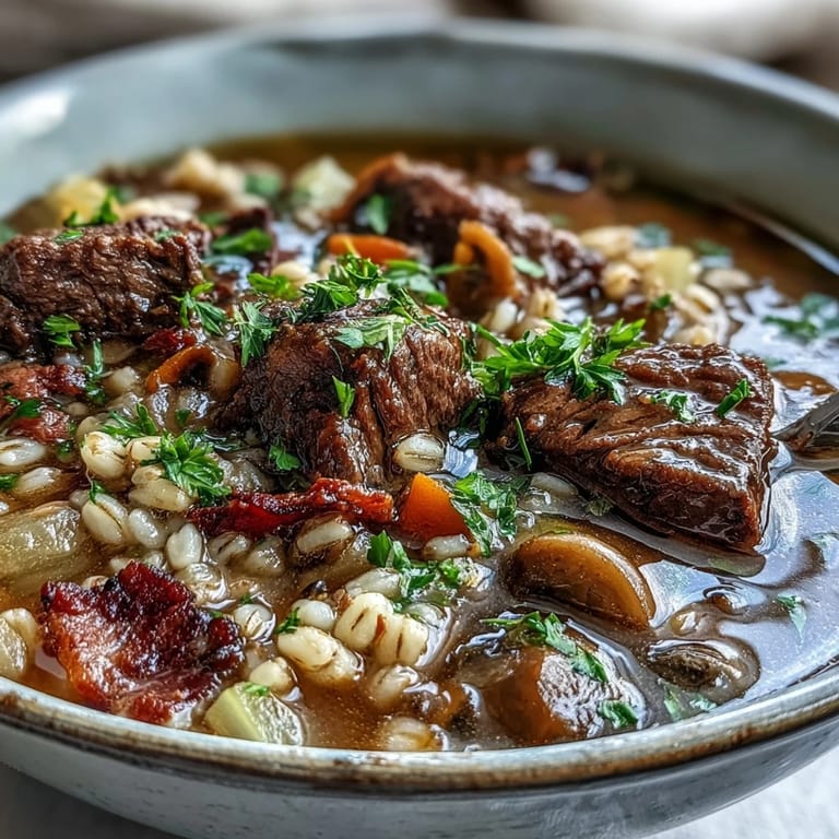 Steaming bowls of Beef and Barley Soup with Mushrooms feature seared beef chuck, crispy pancetta, and earthy mushrooms, served with fresh parsley and crusty bread.