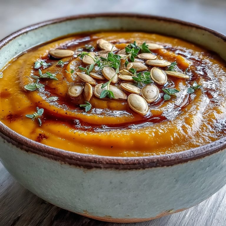 A bowl of golden Butternut Squash Soup, smoothly blended and drizzled with maple syrup for sweetness.