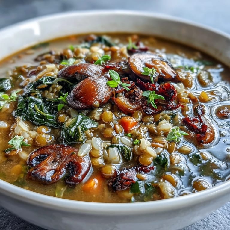 Hearty Double Lentil and Mushroom Barley Soup in a ladle over the simmering pot.